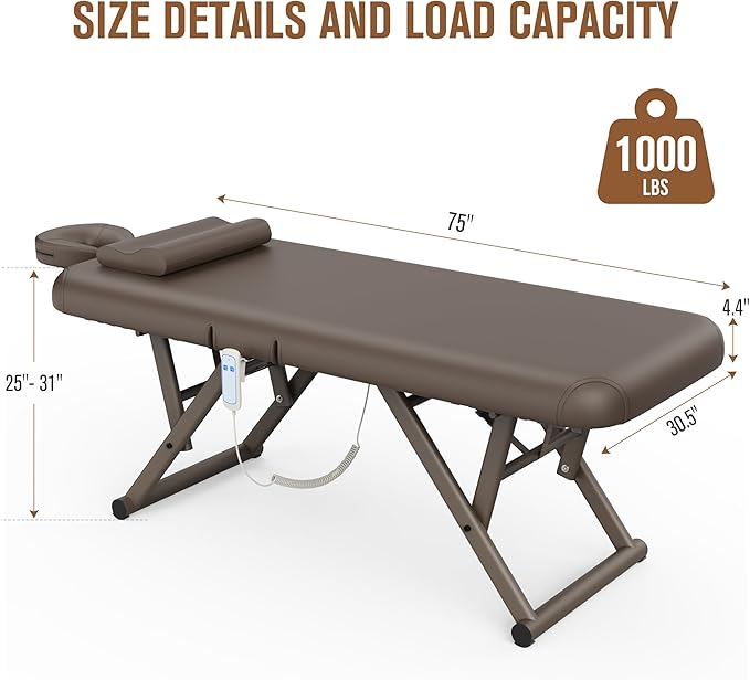 pouseayar Adjustable Massage Table with Face Pillow & Headrest, Sturdy and Solid, Silent and Easy to Adjust - Adjustable Backrest, Electric Leg Lifting, Brown