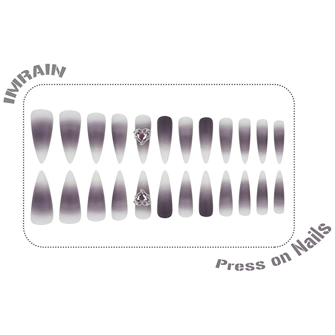 IMRAIN Press on Nails Long Stiletto Fake Nails Matte Purple Ombre Designs Full Cover Gel Artificial False Nails Cute Heart Rhinestone Charms Stick on Acrylic Nails for Women 24Pcs