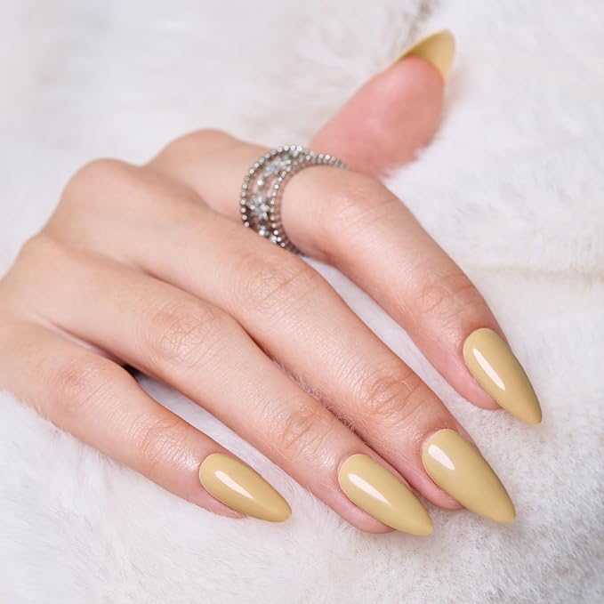 Wooyas Press on Nails Almond,Tan Color Handmade Gel Fake Nails Medium Glossy,Fall Reusable Lightweight Natural Fake Nail in 12 Sizes - 24 Pcs Soft Gel Glue On Nails Kit