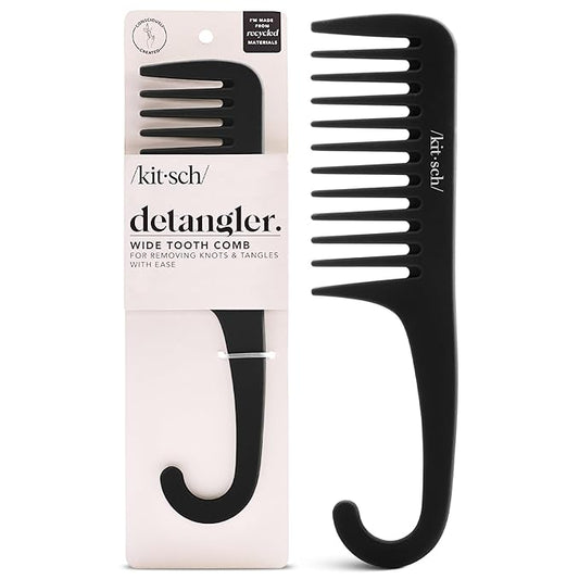 Kitsch Wide Tooth Detangler Comb - Curved Handle for Curly, Wet & Thick Hair, Black Shower Comb for Women