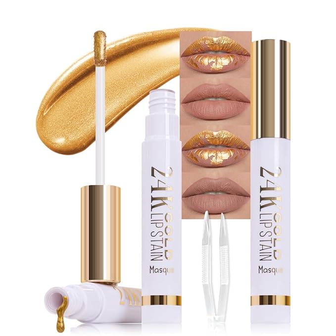 2Pcs 2025 New Gold Liquid Matte Lip Liner Stain Peel Off with Tweezer, Long Lasting, Waterproof Matte Lipstick Lip Gloss Tattoo for Women, Smudge-proof Non-Stick Cup Lip Tint Makeup 01#+02#