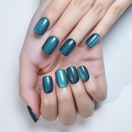 evpct Peacock Blue Cat Eye Press on Nails Short Square, Short Square Stick Glue on Nail for Women Gift, Sapphire Blue Metallic Glitter Reusable Gel Press on Acrylic Fake Nail with Cat Eye Designs