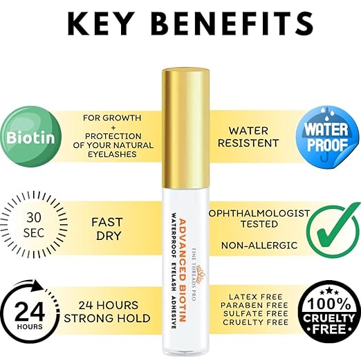 2 in 1 Clear Lash Glue with Lash Growth BIOTIN; Sensitive Eyes; Strong Hold Easy Brush On for False Eyelash Extensions, Strip Lashes, Mink, Wispy, Latex Free, No Parabens; Waterproof