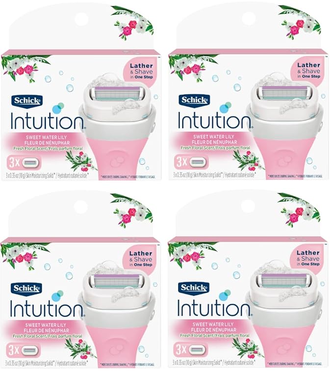 Schick Intuition - Lather & Shave In One Stop - Sweet WaterLily Fresh Floral Scent - Women's Razor Blade Refills - 3 Count Pack of 4 = 12 Cartridges