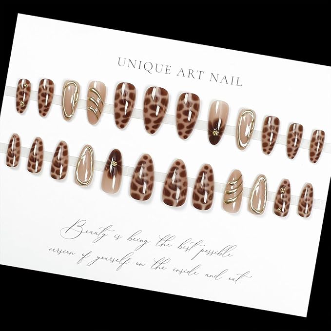 24Pcs Brown Flower Press on Nails Almond Medium Fake Nails with Leopard Print Designs 3D Gilding Frame False Nail Reusable Acrylic Nails Stick on Nails for Women Handmade Nail Decoration
