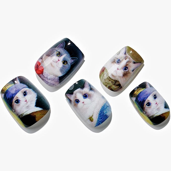 GLAMERMAID Press on Nails Extra Short Square, Winter Forest Foliage Cats Glue on Nails, Glossy Fake Nail Reusable Acrylic False Nails Manicure Kits for Women