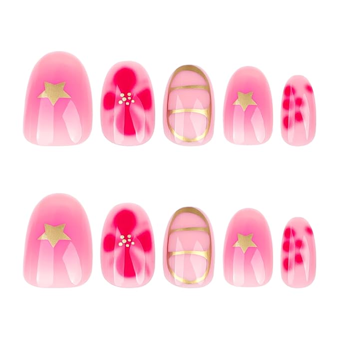 Pink Press On Nails Short Oval, Summer Fall Fake Nails Featuring Petal Designs and Gold Detailing, Glossy Gel Finish Acrylic Nails, Thick Reusable Glue On Nails Kit for Women, Gilded Blossom