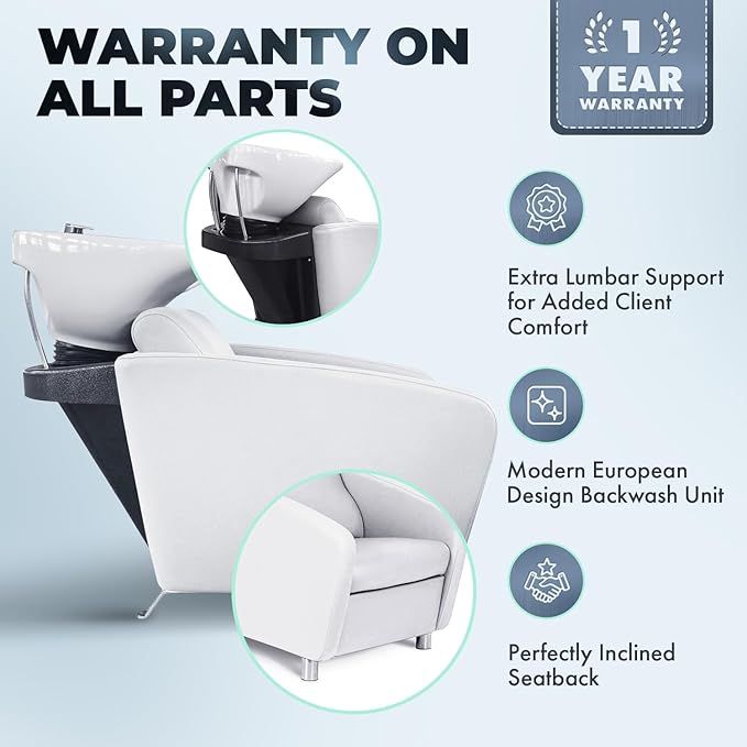 Buy-Rite Shelby Shampoo Backwash Station for Salons - Deep Tilting Porcelain Bowl with Dual Function Nozzle, Extra-Wide Seat, Built-in Vacuum Breaker, Lumbar Support, Modern White Design, YLG-556-WHT