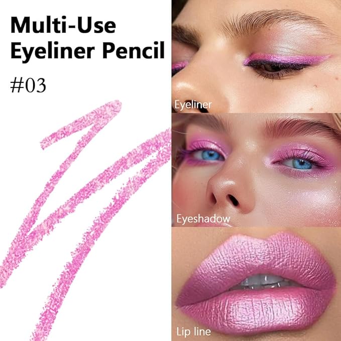 evpct Pink Glitter Eyeliner Pencils for Eyes, Pink Metallic Shimmer Eye Liner Pencil Makeup Waterproof Smudge Proof, Colored Gel Waterline Eyeliner Liquid, Face Eye Paint Stick Halloween Makeup 03