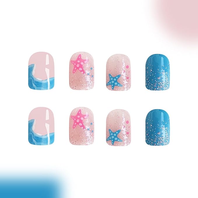 Summer Press on Nails Short Square Fake Nails with Designs Beach False Nails Plam Tree Glossy Full Cover Blue Acrylic Glue on Nails Starfish Sea Stick on Nails for Women Manicure 24 Pcs
