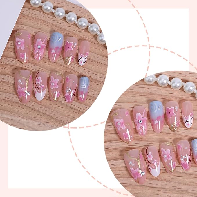 30Pcs Summer Almond Press on Nails with Cherry Blossom Pearl Rhinestones Gold French Tips Reusable Fake Nails for Wedding Party, Flowers Nail Art Set, DIY Long Pink Acrylic False Nails for Daily Wear