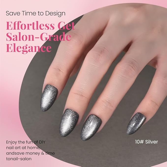 evpct Cat Eye Gold Silver Press on Nails Almond Short, Gold Silver Metal Short Almond Soft Gel Press on Nails with Nail Glue, 60Pcs Reusable Acrylic Fake Press-on Nail Polish Kit for Women Gift