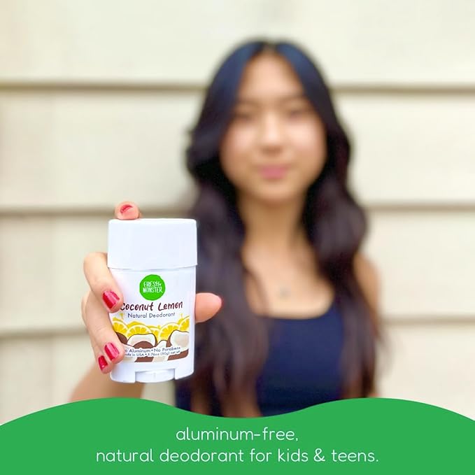 FRESH MONSTER Deodorant for Kids & Teens, Coconut-Lemon Scent, No Aluminum, No Parabens, Vegan, 24-Hour Protection, Coconut Lemon, 1.76 oz