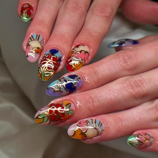 Press on Nails Almond Fake Nails Colorful False Nails with Gold Line Stripes Design Glossy Full Cover Glue on Nails Press ons Medium Acrylic Nail for Women Manicure 24Pcs