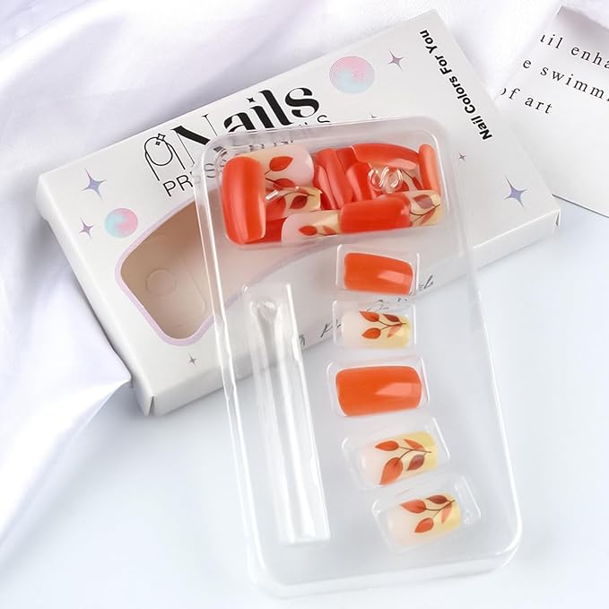 Fall Leaf Press on Nails Medium Square Glossy Orange Acrylic Fake Nails Thanksgiving Maple Leaves False Nails Gel Glue on Nail Full Cover Stick on Nail DIY Manicure for Women 24Pcs