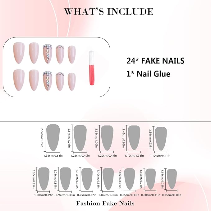 IMRAIN Press on Nails Medium Almond Fake Nails Acrylic Nail Supplies Pink Nude Glossy Nail Art Full Cover Glue on Nails Full Cover False Nails with Rhinestone Designs for Women 24Pcs