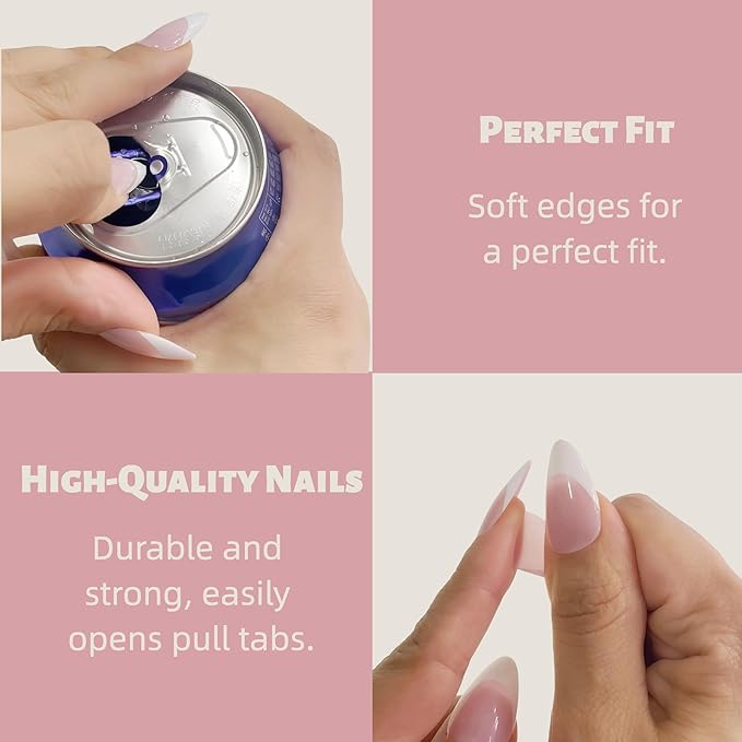 Medium Almond French Pink Press on Nails – 24PCS Glossy False Nail Tips in 12 Sizes | Soft Fit Back Edge & Hard Front | Glue on Acrylic Nails for Women | Reusable & Natural Look