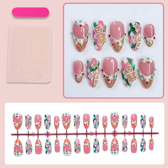 30Pcs Christmas French Tip Press on Nails Medium Almond NEWSPIED Christmas Fake Nails with Designs Cute Gingerbread Men False Nails Winter Xmas Stick on Nails for Women Acrylic Manicure Decoration