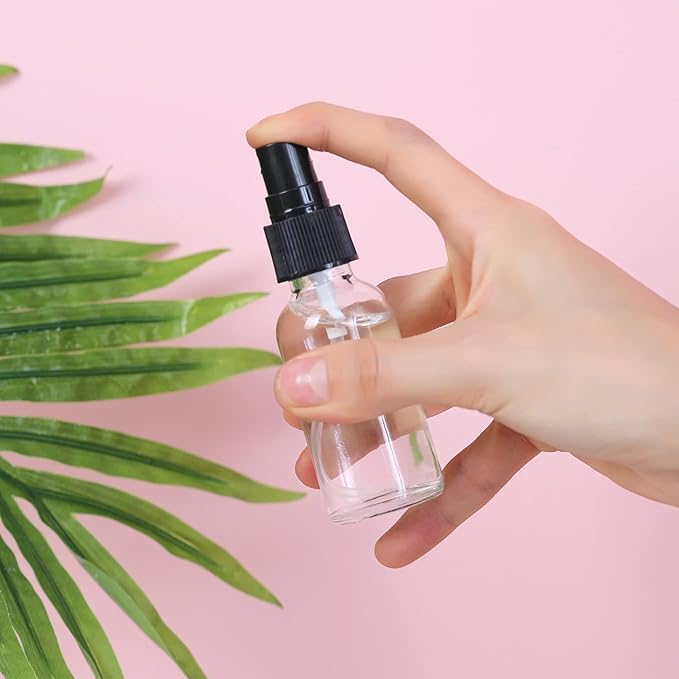 2oz Glass Spray Bottle, Fine Mist Boston Glass Bottles with Black Fine Mist Sprayer Small Clear Bottles for Essential Oils, Bath, Beauty, Hair & Cleaning, Clear, Pack of 24