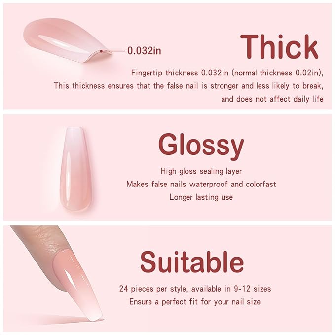 Yivaiks 24 pcs Pink Coffin Press On Nails - Long Glossy Rhinestone Fake Nails With Glue, Full Coverage Marble Acrylic Nails (Pink Ink Fantasy)