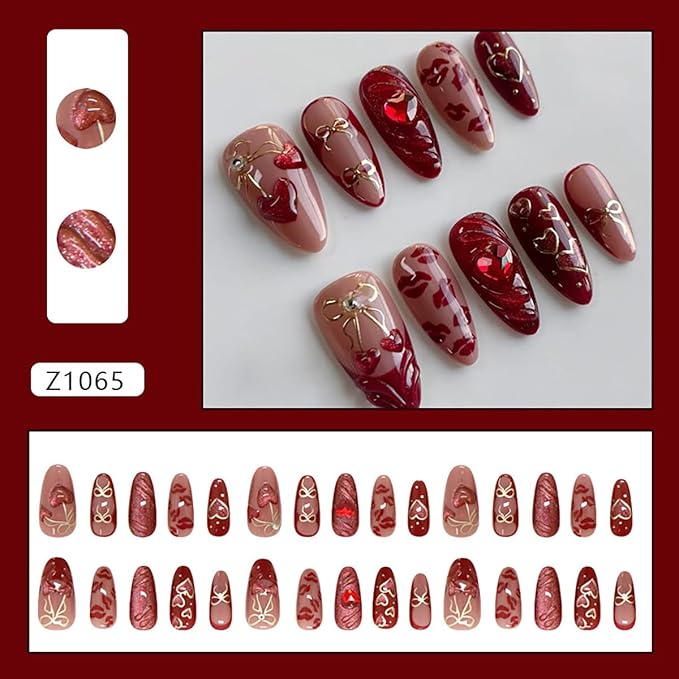 24Pcs Red Press on Nails Medium Almond Fake Nails Gold Bow Heart with 3D Rhinestones Design Full Cover Glitter Glue on Nails French Tip False Nails for Women Girls Acrylic Nail Decorations Accessories
