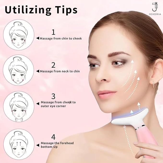 7 Color LED Light Therapy with Heat & Vibration - Women's Face & Neck Massager - Skin Firming Tool - Facial Tightening and Jawline Care