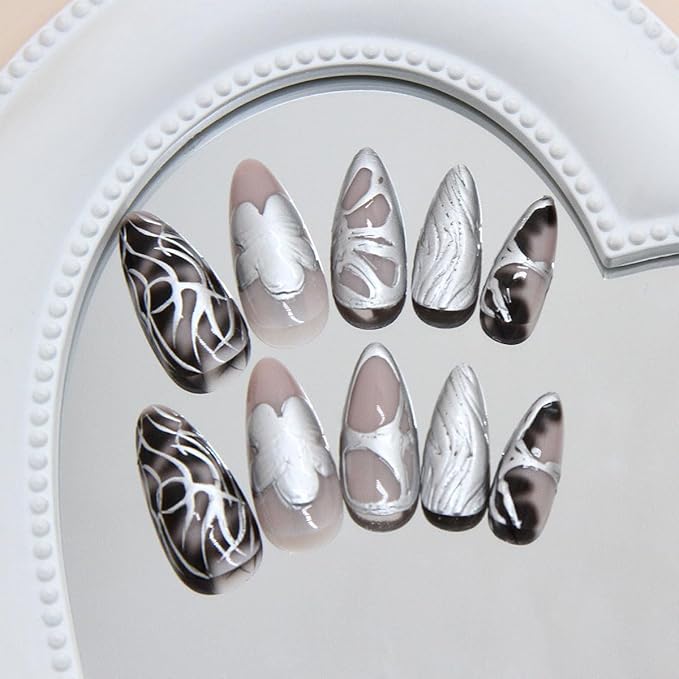 Dark Press on Nails Long Almond Fake Nails Flower False Nails Silver Irregular Line Butterfly Design Gradient Gothic Stick on Nail Artificial Glue on Nail for Women Decoration Salon Manicure