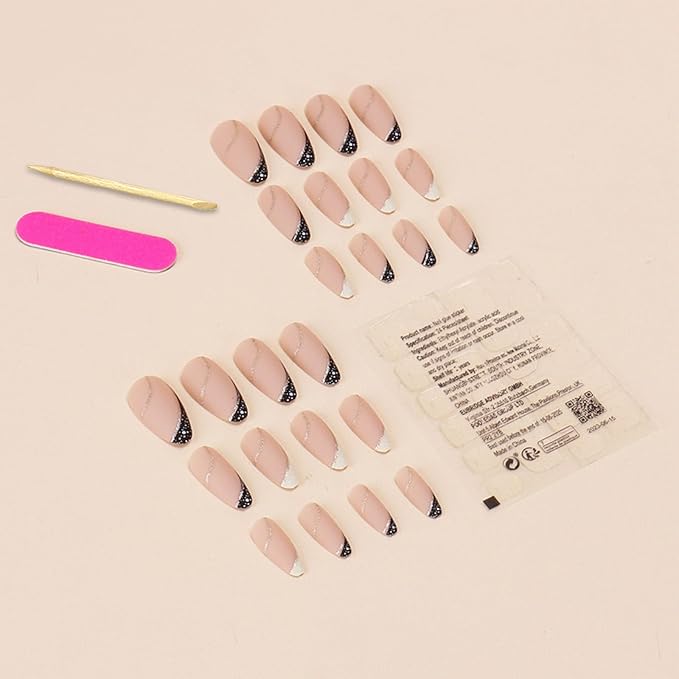 Gold Line Almond Press on Nails - Medium French Tip False Nails with Designs - Glue on Full Cover Acrylic Nails Art DIY Stick on Nails for Women - 24 Pcs