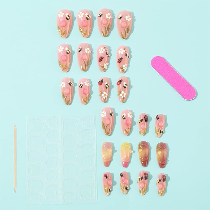 24pcs Summer Press on Nails Medium Almond Fake Nails with Insect Flower Acrylic Nails Designs Bee Glue on Nails Cute Floral False Nails Kit Full Cover Stick on Nails for Women Nail Decoration