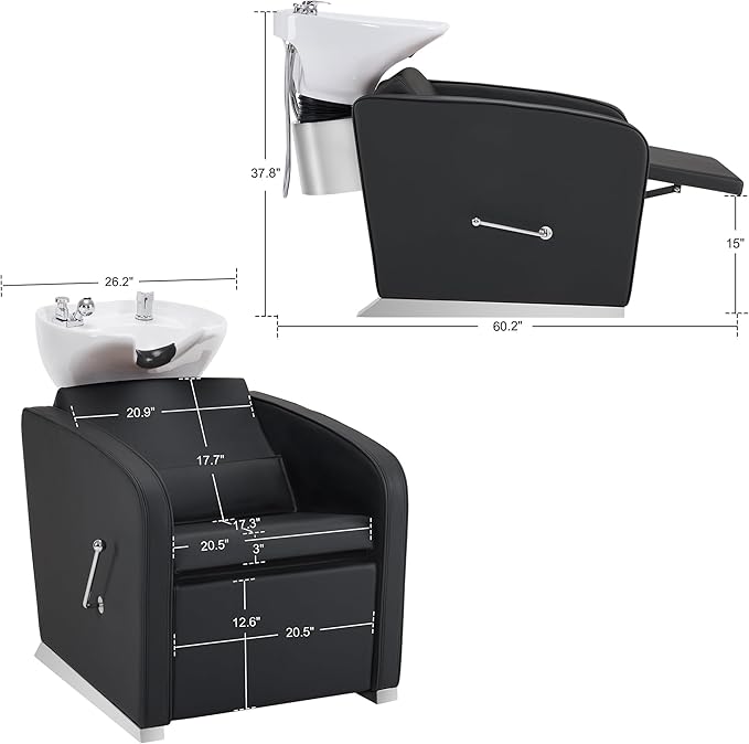 BarberPub Backwash Shampoo Chair and Bowl Set, Adjustable Porcelain Ceramic Hair Wash Bowl Sink Unit, Shampoo Station Chair for Spa Beauty Salon Hair Salon Equipment 9370 (Black&White Bowl)