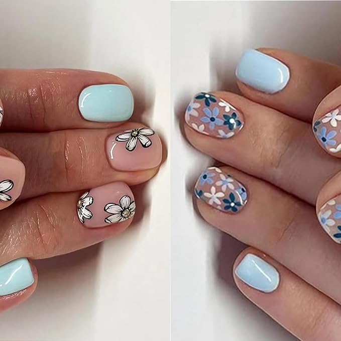 2 Packs 48Pcs Spring Flowers Press on Nails Short Square Fake Nails Blue Floral False Nails Squoval Artificial Acrylic Nails with Design Glossy Nails Press ons for Women Manicure Art Decoration Set