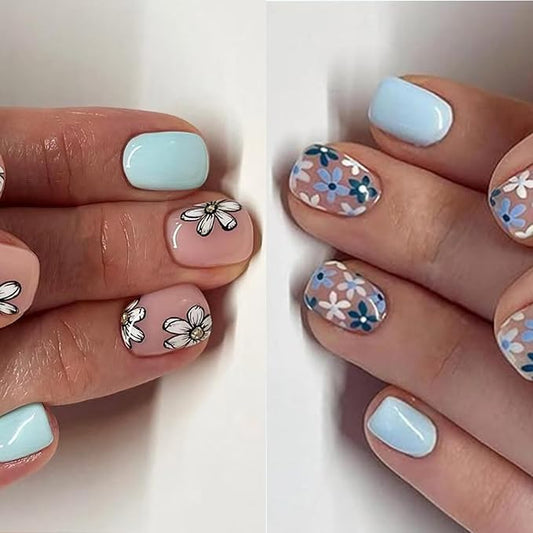 2 Packs 48Pcs Spring Flowers Press on Nails Short Square Fake Nails Blue Floral False Nails Squoval Artificial Acrylic Nails with Design Glossy Nails Press ons for Women Manicure Art Decoration Set