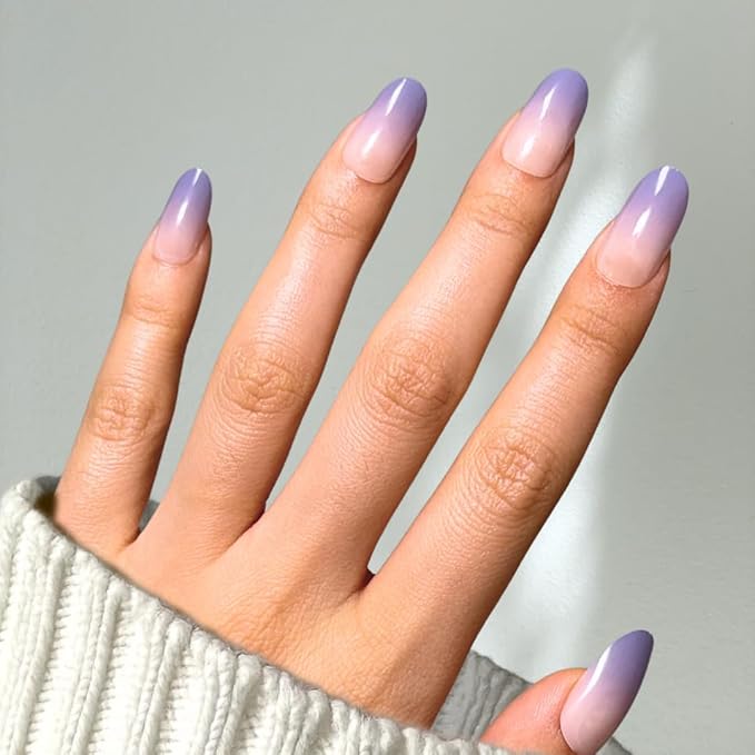 Perfect Look Press On Nails - Lavender Mist | No Glue One-Day Short Oval Nails, Nude to Purple Ombre Glossy Nails - 24 Pcs Nail Kit with Adhesive Tabs