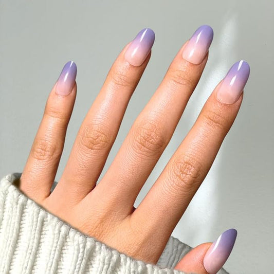 Perfect Look Press On Nails - Lavender Mist | No Glue One-Day Short Oval Nails, Nude to Purple Ombre Glossy Nails - 24 Pcs Nail Kit with Adhesive Tabs