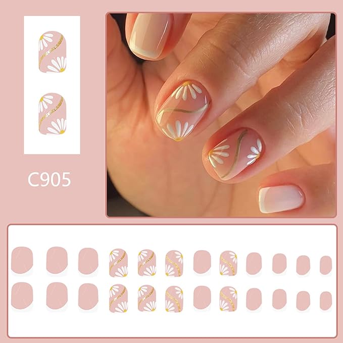 Flower Press on Nails Short Square Fake Nails Nude False Nails with Designs Daisy Glossy Full Cover Acrylic Nails French Tips Glue on Nails Cute Artificial Stick on Nails for Women Manicure 24 Pcs