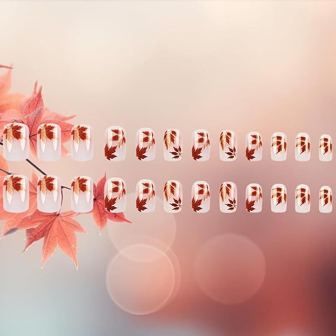 Sparkly Maple Leaf Press on Nails Thanksgiving Medium Square False Nails Glossy Gold Glitter Acrylic Fake Nail 24Pcs Fall Leaves Stick on Fingernails Autumn Gel Glue on Nail for Coquette Women Girls
