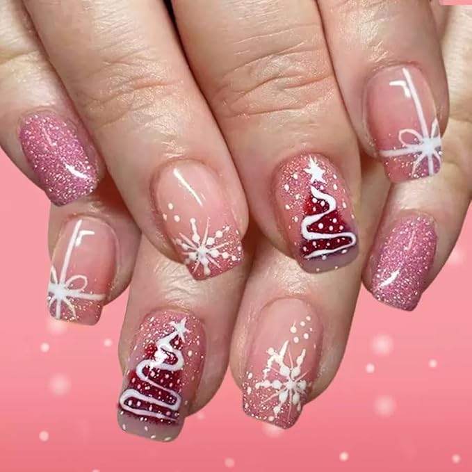 6 Packs (144 Pcs) Christmas Press on Nails Almond, Short Square Press on Nails, with Christmas Tree Snowflake Design Red Green Fake Nails for Women - 12 Sizes, 6 Styles