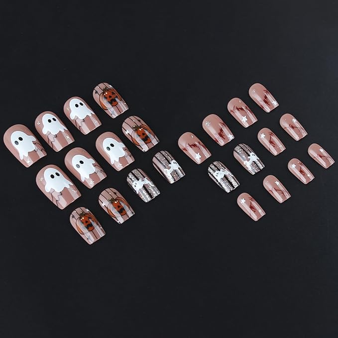 Halloween Press on Nails Medium Square Pumpkin Fake Nails Glitter False Nail with Cute Ghost Designs Glossy Glue on Nails Blood Scar Star Acrylic Nail Holiday Manicure for Women 24Pcs