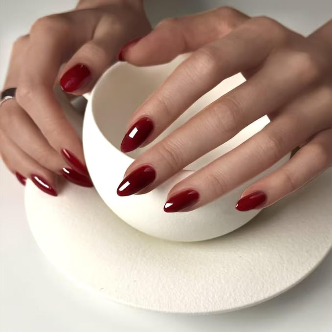 Wine Red Fake Nails Glossy Almond Press on Nails Medium Solid Color Acrylic False Nails Press ons Reusable Full Cover Artificial Nails for Women DIY Nails Decoration