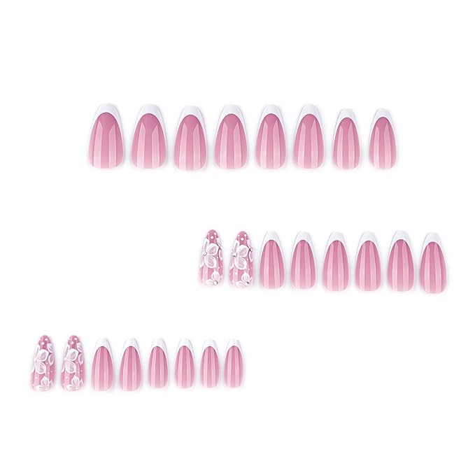 IMRAIN Flower Press on Nails Medium Almond Fake Nails White French Tips Nail Supplies Glossy Glue on Nails Artificial Acrylic Full Cover Spring Floral False Nails for Women Manicure 24Pcs