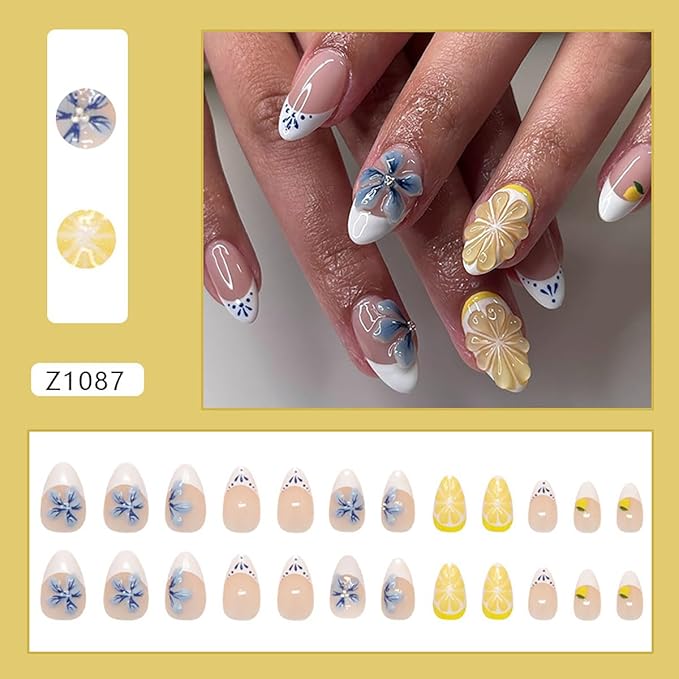 Long French Tips Press on Nails Flower Fake Nails Fruit False Nails 3D Blue Floral Lemon Nude White Design Glossy Stick on Nail Summer Glue on Nail for Women Decoration Salon Manicure