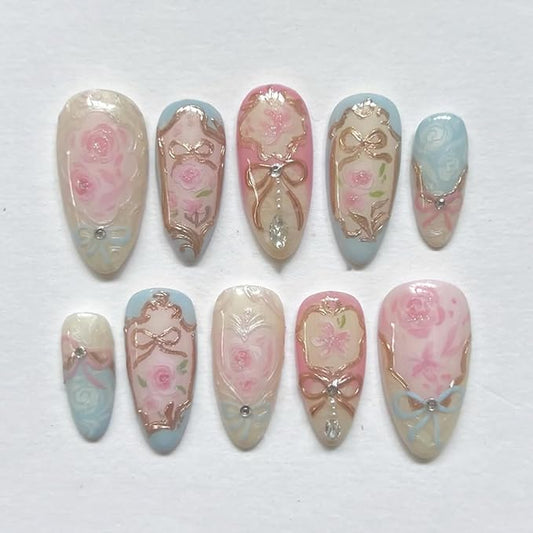 24Pcs Pink Flower Press on Nails Medium Almond Fake Nail Cute Bow with Rhinestones Designs Glue on Nails Rose Flowers Acrylic Nail Pink Blue Full Cover False Nails for Women Daily Wear