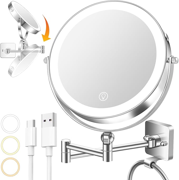 10x Large Wall Mounted Makeup Mirrror, Height Adjustable Lighted Mirror, 8" Double Sided Mirror, 1X/10X Magnifying Bathroom Mirror, 360° Rotation Adjustable, Detachable Ring, 3 Color Lights