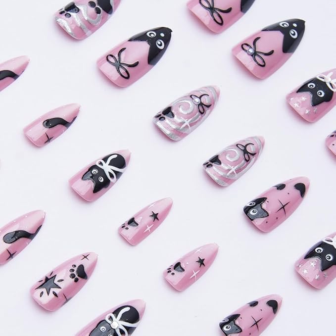 24Pcs Pink Press on Nails Medium Almond Halloween Fake Nails Cute Cat Black Bow False Nails with 3D Gems Designs Glossy Full Cover Glue on Nails Artificial Acrylic Stick on Nail for Women Girls DIY