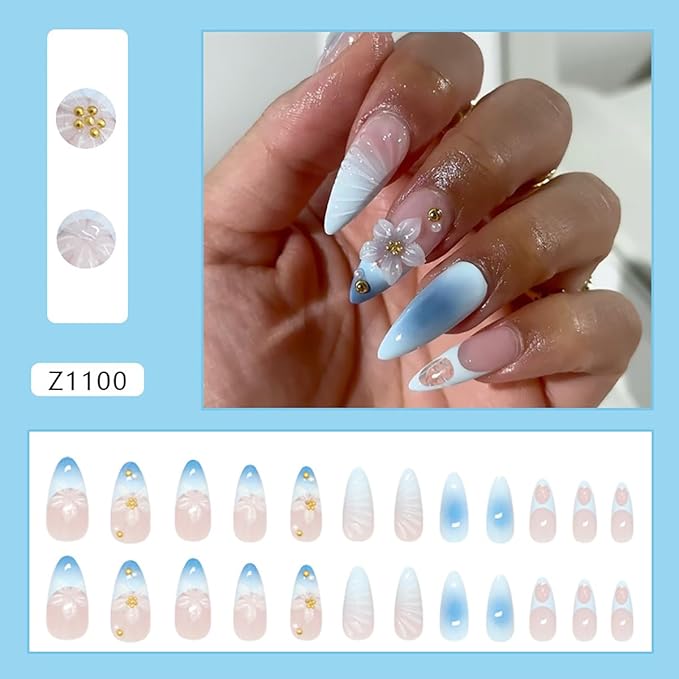 Blue Gradient French Tip Press on Nails Medium Almond Fake Nails with Pearl Gold Bead Designs Lily Flower Acrylic Nail 3D Water Ripple False Nail Summer Glue on Nails for Women Girls Manicure 24Pcs