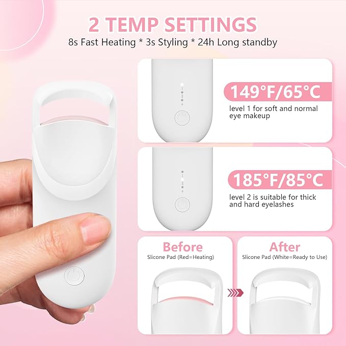 Heated Eyelash Curler, Electric Eyelash Curler with 2-Temp Modes & Type-C Charging, 8s Fast Heat 3s Style 24H Lift for Long-Lasting Natural Effortless Curls, Mini Heated Lash Curler for Women(White)