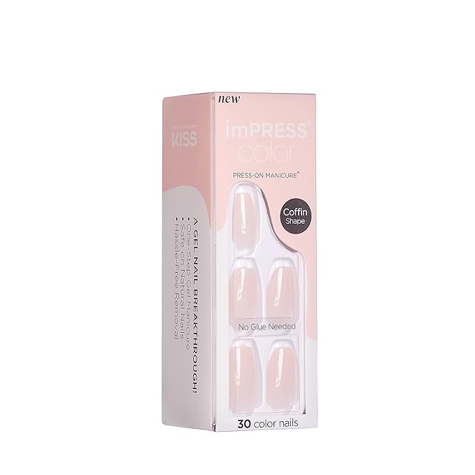 KISS imPRESS No Glue Mani Press On Nails, Color, 'Serendipity', Pink, Medium Size, Coffin Shape, Includes 30 Nails, Prep Pad, Instructions Sheet, 1 Manicure Stick, 1 Mini File