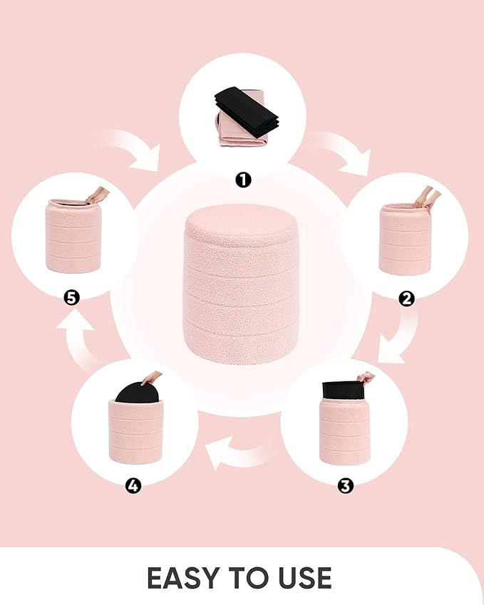 B FSOBEIIALEO Ottoman with Stroage, Round Sherpa Storage Ottoman Stool, Boucle Foot Rest 14.6"x14.6"x17.7"（Pink