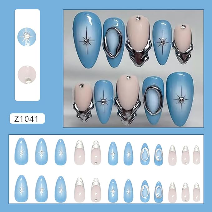 24Pcs Blue Press on Nails Medium Almond Fake Nails 3D Star with Rhinestones Glitter Design Full Cover Chrome Glue on Nails Silver French Tip False Nails for Women Girls Acrylic Manicure Decorations