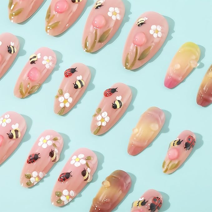 24pcs Summer Press on Nails Medium Almond Fake Nails with Insect Flower Acrylic Nails Designs Bee Glue on Nails Cute Floral False Nails Kit Full Cover Stick on Nails for Women Nail Decoration